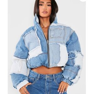 Petite light blue denim patchwork high neck puffer jacket pretty little thing